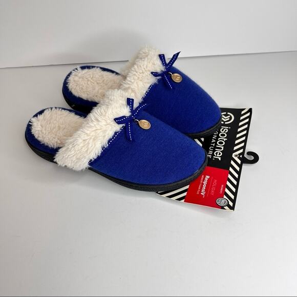 Isotoner ResponsiV royal blue faux fur lined closed toe slip on slippers 8 NEW - Picture 2 of 9